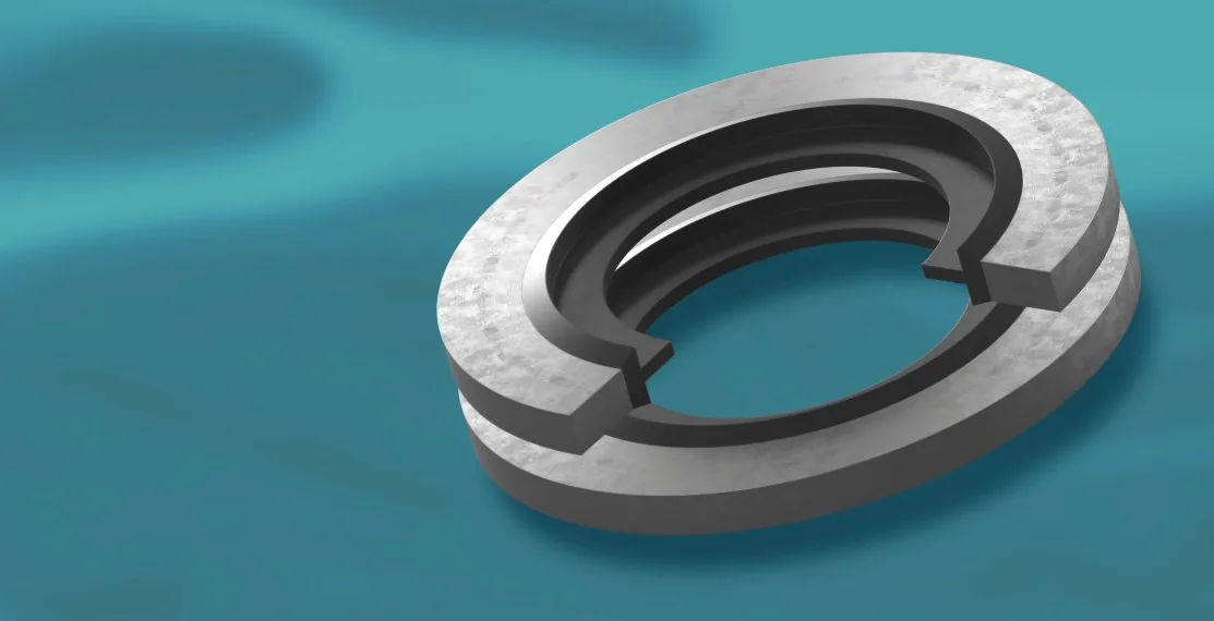 Cross-section render of a bonded seal showing the metal washer with vulcanised elastomer inner ring